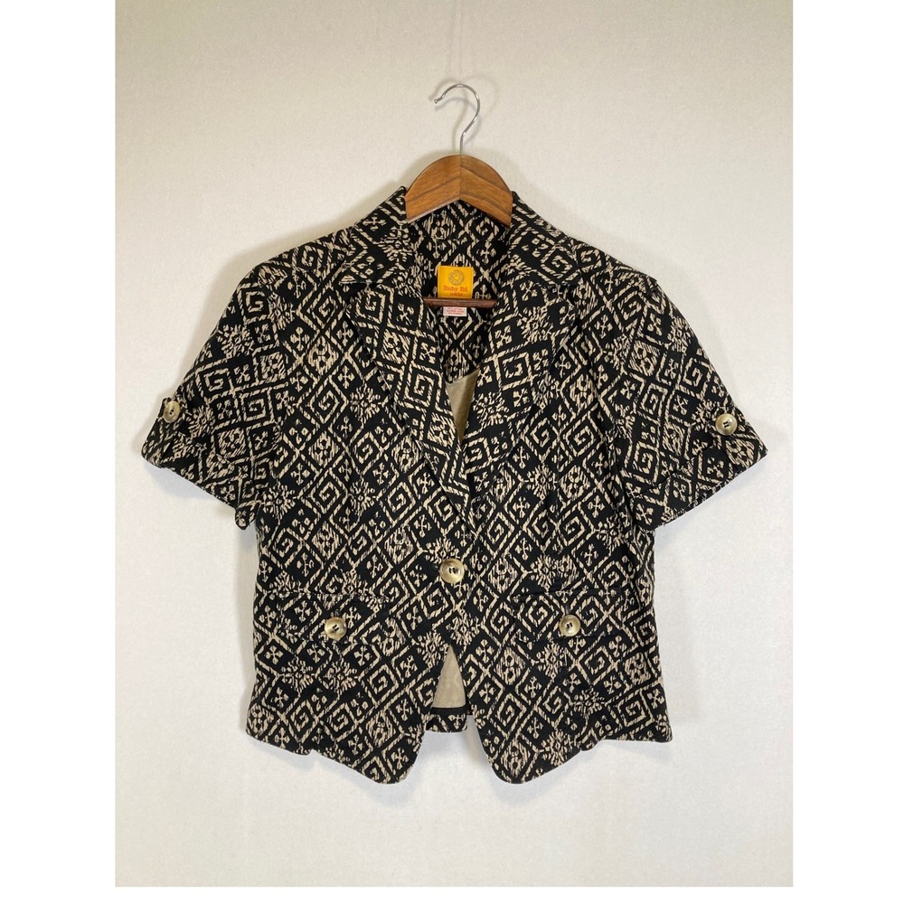 Boho Ikat Ruby Rd Petite Women 12P Black Cream‎ Short Sleeve Geometric Blazer